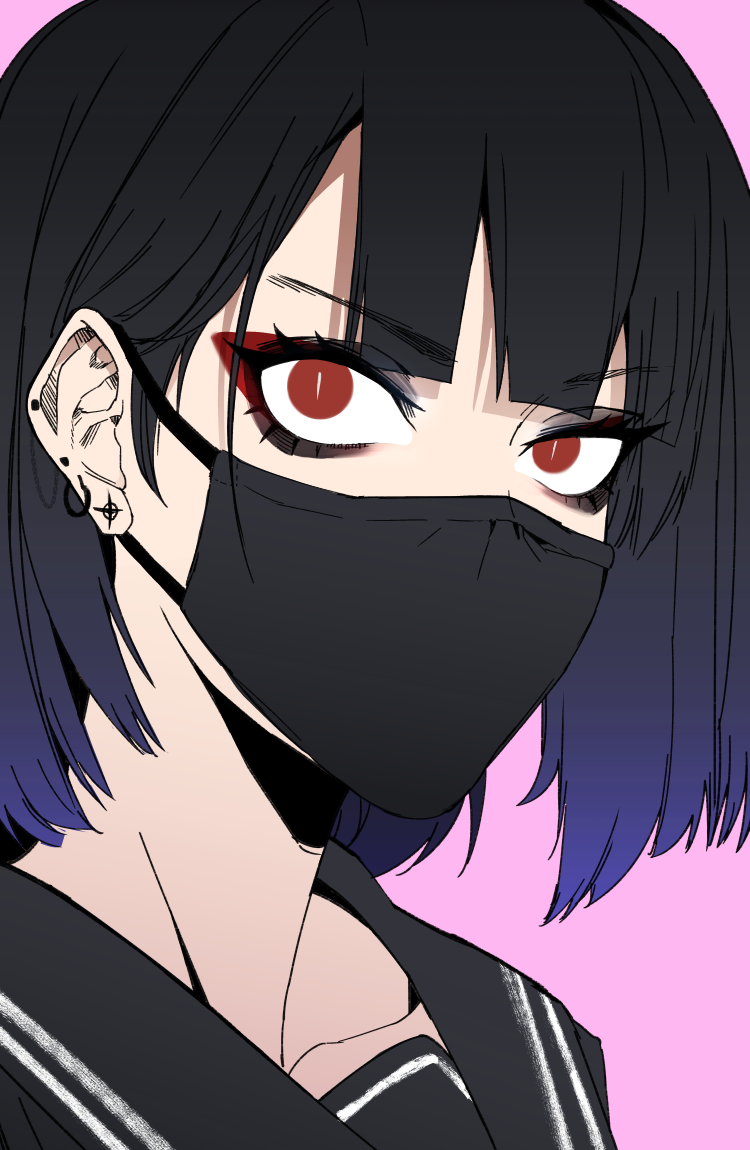 1girl, black_hair, black_sailor_collar, bob_cut, commentary, coronavirus_pandemic, ear_piercing, earrings
