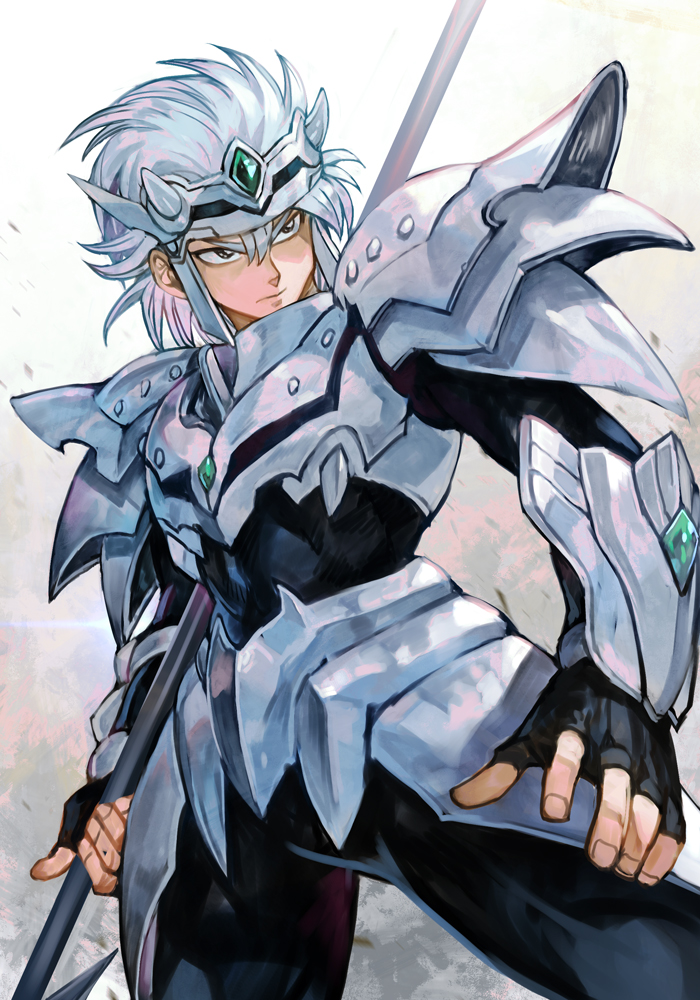 1boy, armor, black_bodysuit, bodysuit, brown_eyes, closed_mouth, cowboy_shot, dragon_quest, dragon_quest_dai_no_daibouken, fingerless_gloves, fingernails, gloves, hankuri, headpiece, holding, holding_lance, holding_polearm, holding_weapon, hyunkel, lance, male_focus, pauldrons, polearm, sanpaku, shoulder_armor, solo, vambraces, weapon, white_hair