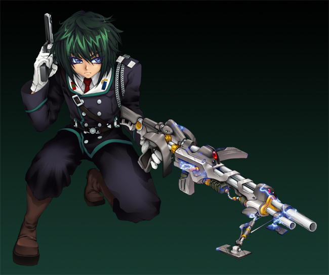 1boy, blue_eyelashes, blue_eyes, brown_boots, cowboy_shot, crouching, dark_green_hair, fighting_stance, green_background, gun, looking_to_the_side, mini_fighter, official_art, pistol, raizin, red_tie, rifle, serious, short_hair, solo, suit, white_gloves
