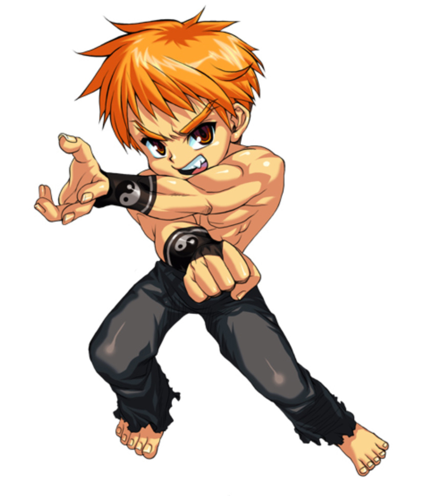 1boy, angry, arms_up, black_pants, cowboy_shot, cro_(mini_fighter), fighting_stance, looking_at_viewer, martial_artist, mini_fighter, muscle, official_art, open_mouth, orange_eyes, orange_hair, shirtless, short_hair, solo, teeth, wristband, yin_yang