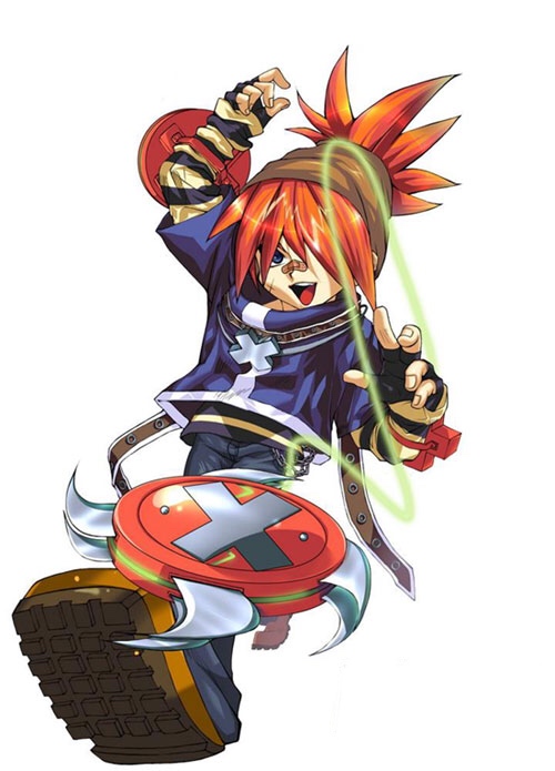 1boy, bandage_on_face, bangs, belt, blades, blue_eyes, blue_shirt, chris_(mini_fighter)