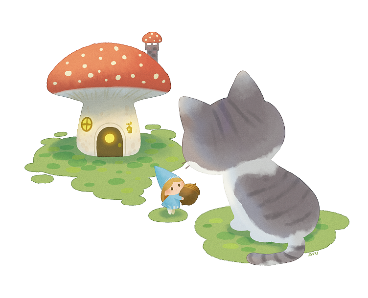 acorn, ayu_(mog), blue_dress, blue_headwear, cat, dress, fly_agaric, holding, long_sleeves, minigirl, mushroom, mushroom_house, pointy_hat, signature, white_background