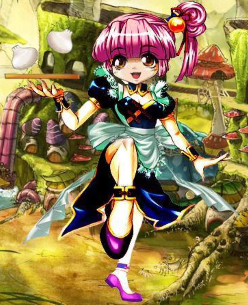 1girl, apron, blue_dress, brown_eyes, choker, dumpling, happy, holding_food, knee_up, looking_to_the_side, mini_fighter, mushroom, official_art, open_mouth, pink_hair, purple_shoes, short_sleeves, side_bun, tian_(mini_fighter), wristband
