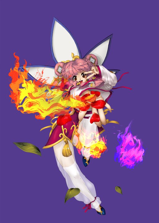 1girl, bell, brown_eyes, detached_sleeves, double_bun, fire, flower, giant_fan, hair_ornament, happy, knee_up, leaves, looking_at_viewer, mini_fighter, official_art, open_mouth, peace_sign, pink_dress, pink_hair, purple_background, purple_fire, thigh-highs, tian_(mini_fighter)
