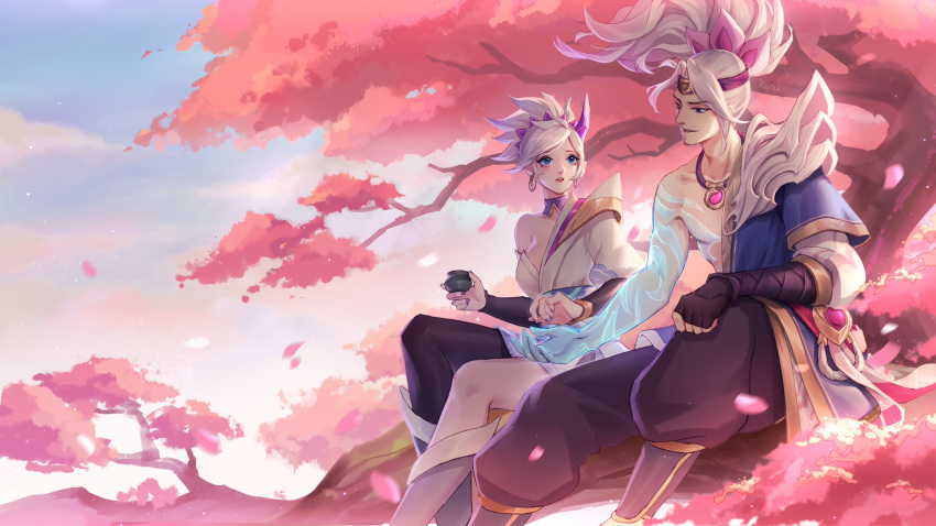 1boy, 1girl, armor, asymmetrical_clothes, bare_shoulders, blue_eyes, breasts, cherry_blossoms