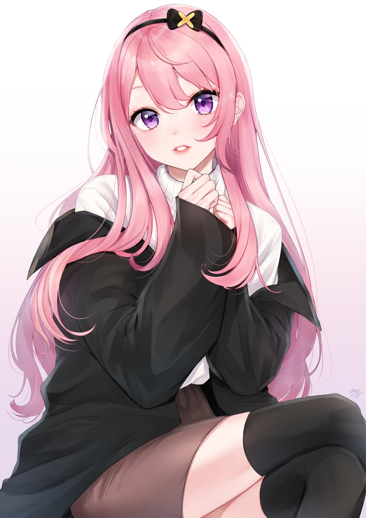 1boy, bangs, black_bow, black_jacket, black_legwear, bow, brown_skirt, copyright_request, hair_bow, hairband, highres, holostars, jacket, long_hair, long_sleeves, looking_at_viewer, male_focus, mizuiro_32, open_mouth, otoko_no_ko, parted_lips, pink_hair, signature, sitting, skirt, sweater, thigh-highs, tsukishita_kaoru, turtleneck, turtleneck_sweater, violet_eyes, virtual_youtuber, white_sweater