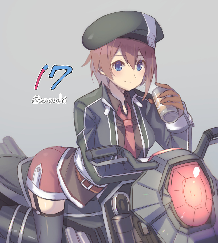 1girl, ao_no_kiseki, asymmetrical_hair, belt, beret, black_legwear, black_shirt, blue_eyes