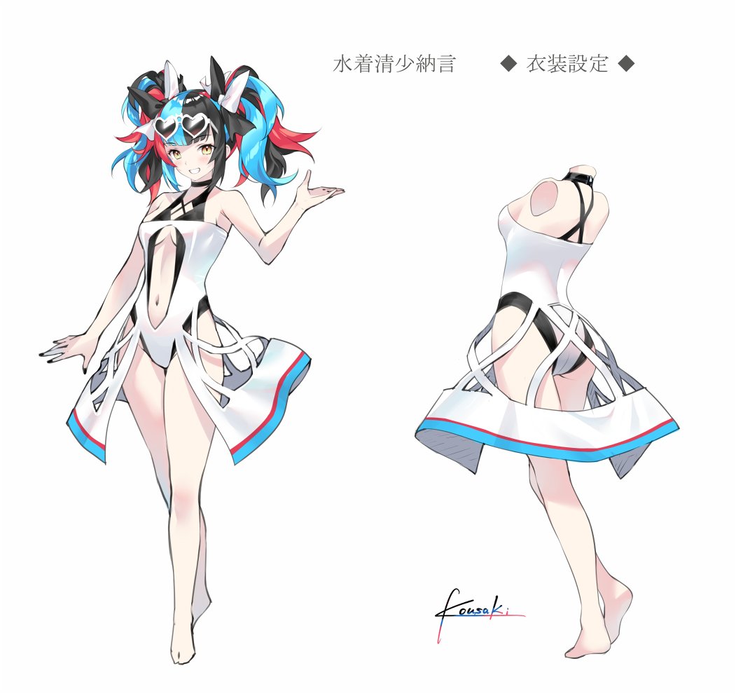 1girl, ass, back, bangs, bare_shoulders, black_hair, black_swimsuit, blue_hair