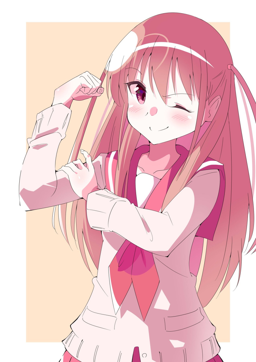1girl, ;), achiga_school_uniform, anzu_nanaki, atarashi_ako, bangs, brown_hair, cardigan