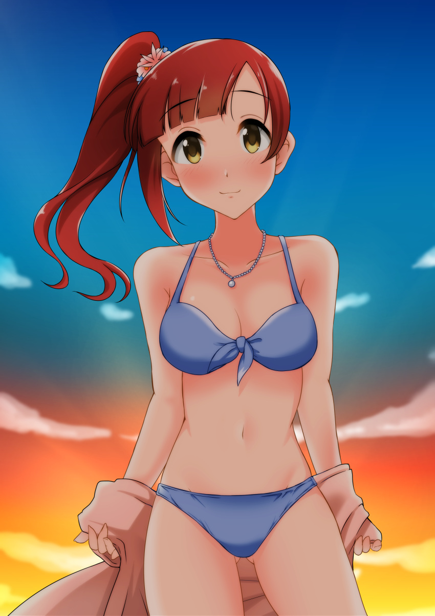 1girl, absurdres, bikini, blue_bikini, breasts, brown_eyes, brown_hair, collarbone, commentary_request, cowboy_shot, flower, front-tie_top, gagerabut, gradient_sky, hair_flower, hair_ornament, highres, idolmaster, idolmaster_cinderella_girls, igarashi_kyouko, jewelry, long_hair, looking_at_viewer, medium_breasts, necklace, side_ponytail, sky, smile, solo, sunset, swimsuit