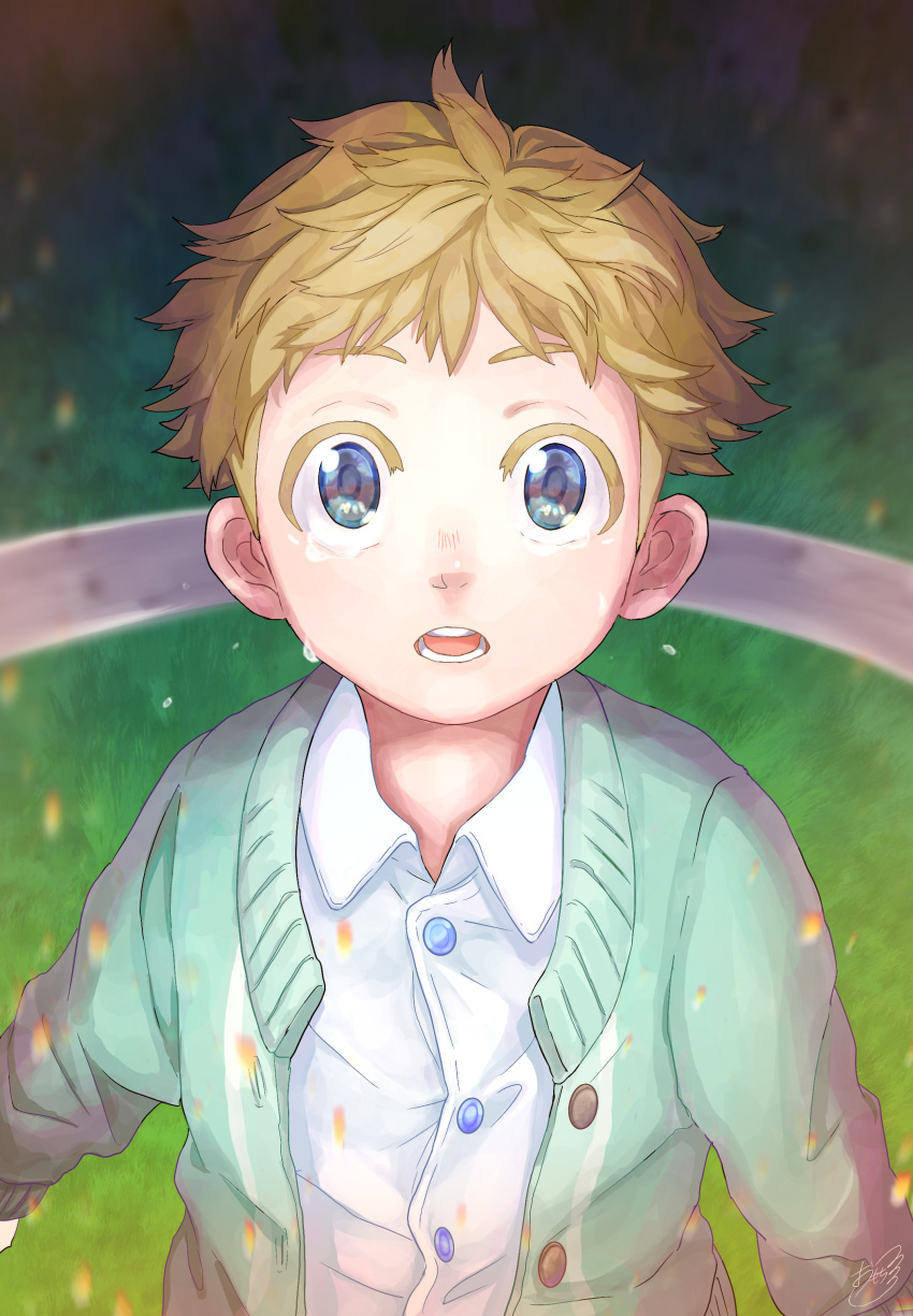 1boy, absurdres, blonde_hair, buttons, cardigan, collared_shirt, commentary_request, crying