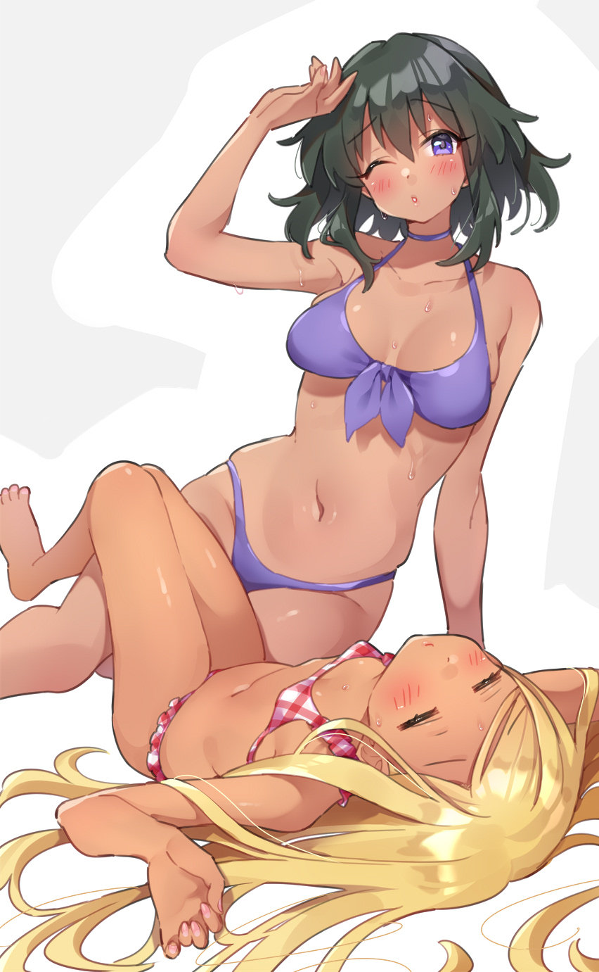 bare_shoulders, bikini, black_hair, blonde_hair, blush, breasts, closed_eyes, dark_skin