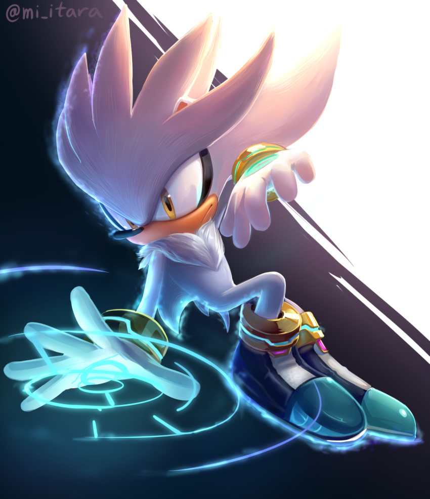 1boy, animal_ears, aqua_footwear, arm_up, artist_name, black_background, closed_mouth, english_commentary, full_body, furry, gloves, glowing, highres, male_focus, miitara, shiny, shoes, sideways_mouth, silver_the_hedgehog, simple_background, solo, sonic_(series), tail, telekinesis, twitter_username, two-tone_background, watermark, white_background, white_gloves, white_hair, yellow_eyes