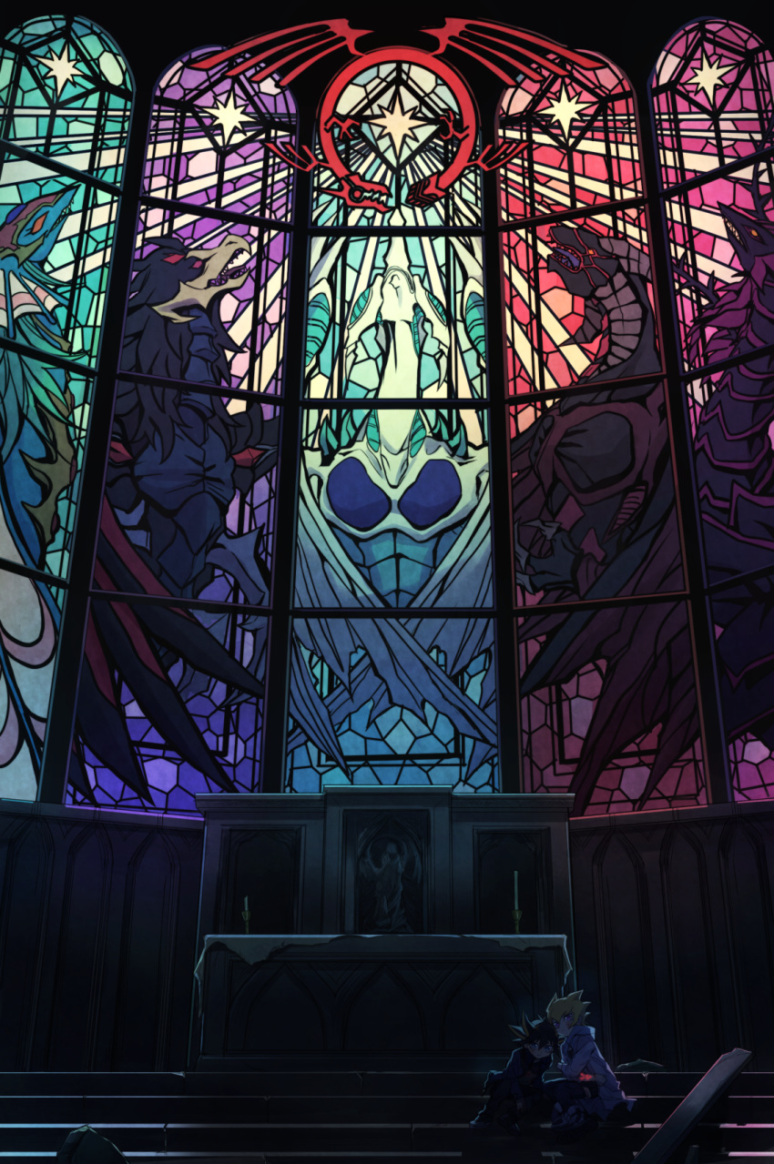 2boys, ancient_fairy_dragon, black-winged_dragon, black_hair, black_rose_dragon, blonde_hair, child, church