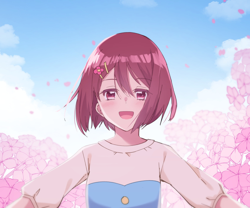 1girl, :d, bangs, blue_sky, brown_hair, day, eyebrows_visible_through_hair, flower