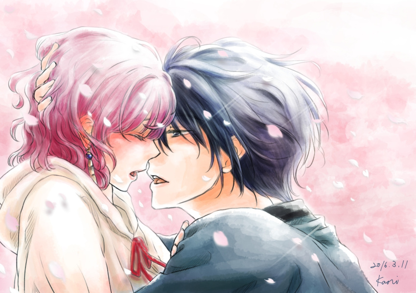 2016, akatsuki_no_yona, black_hair, cao_(cucurbita_k), closed_eyes, couple, dated, earrings