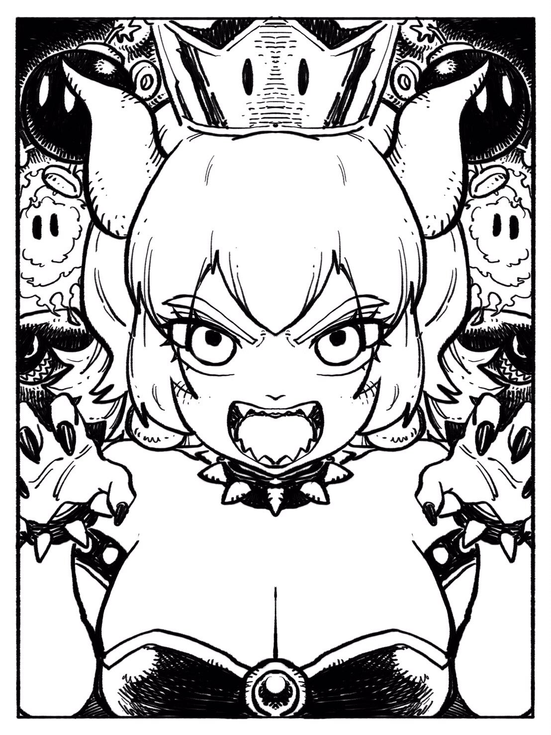 1girl, angry, armlet, black_nails, bob-omb, bowsette, bracelet, breasts, bullet_bill, cleavage, clothed, collar, crown, dress, earrings, eyelashes, fangs, female, female_focus, frown, genderswap, genderswap_(mtf), horns, huge_breasts, lineart, looking_at_viewer, monochrome, nintendo, paw_pose, sharp_fingernails, sharp_teeth, sidelocks, solo_focus, spiked_armlet, spiked_bracelet, spiked_collar, super_mario_bros., takumi_watanuki, upper_body