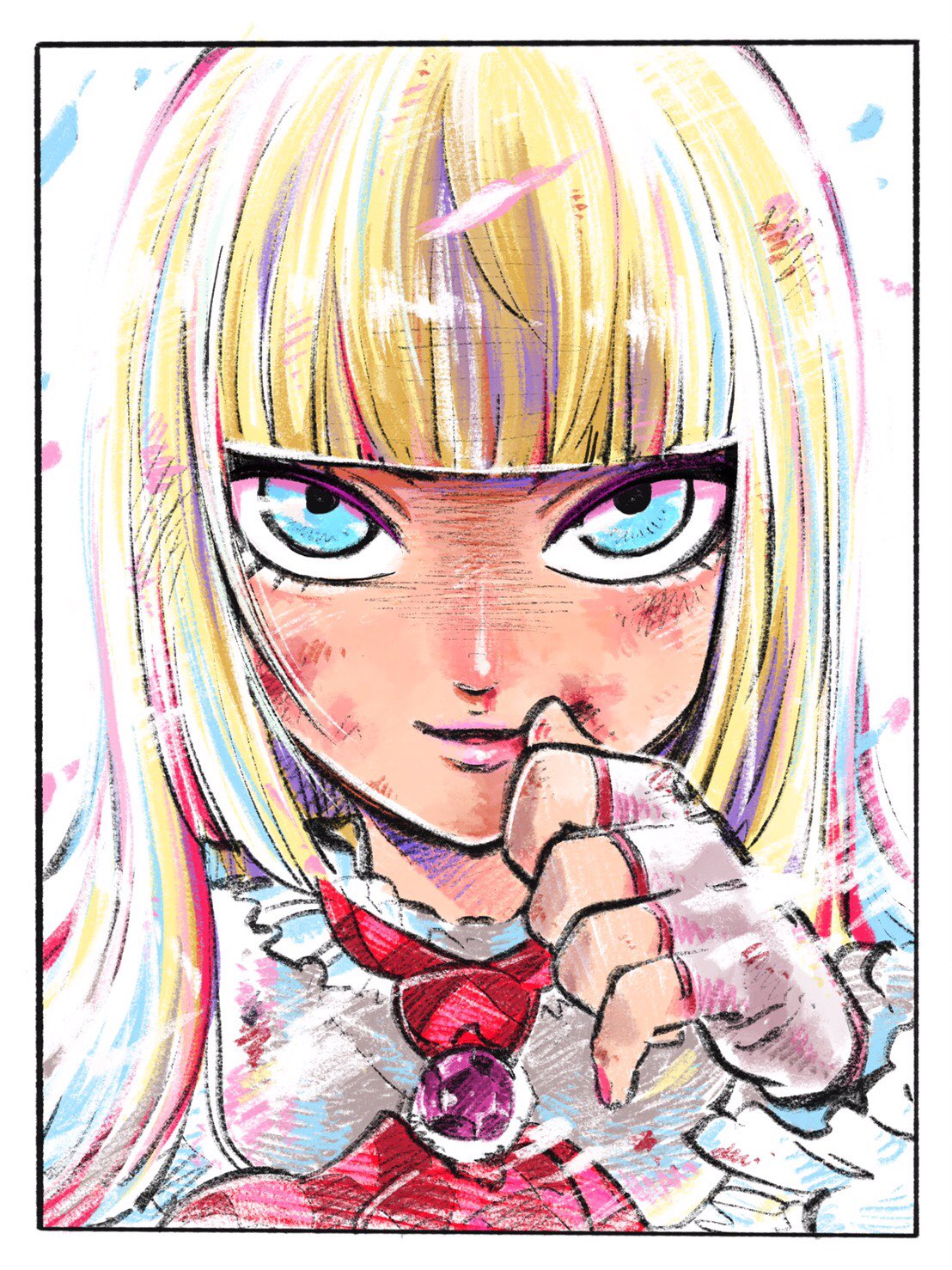 1girl, bangs, blonde_hair, blood, blood_on_face, blue_eyes, blunt_bangs, bruise