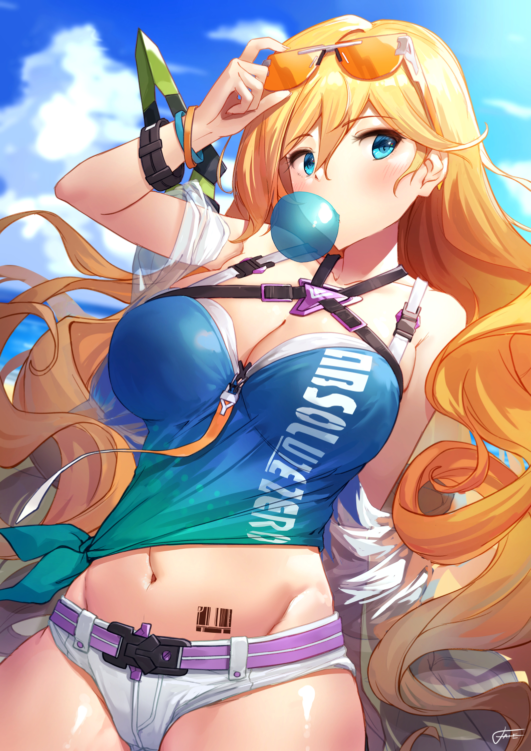 1girl, adjusting_eyewear, bangs, barcode_tattoo, belt, bianka_durandal_ataegina, bikini_shorts, blonde_hair