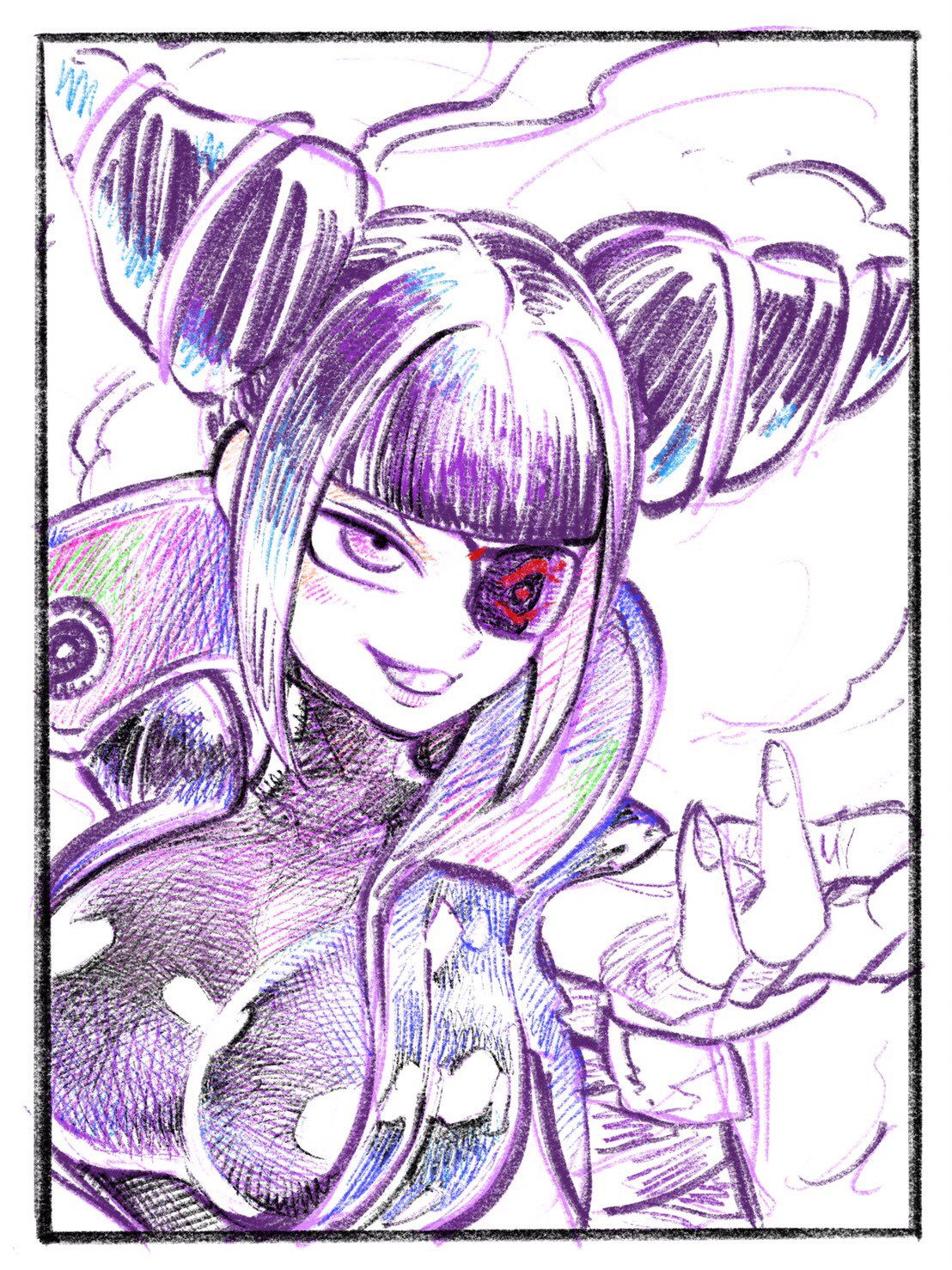 1girl, bangs, beckoning, blunt_bangs, bodysuit, breasts, capcom, drill_hair, eyepatch, female, female_only, fingerless_gloves, gloves, han_juri, high_collar, large_breasts, latex, pink_eyes, purple_hair, sidelocks, sketch, skin_tight, smile, smirk, solo, street_fighter, street_fighter_v, takumi_watanuki, twin_drills, upper_body