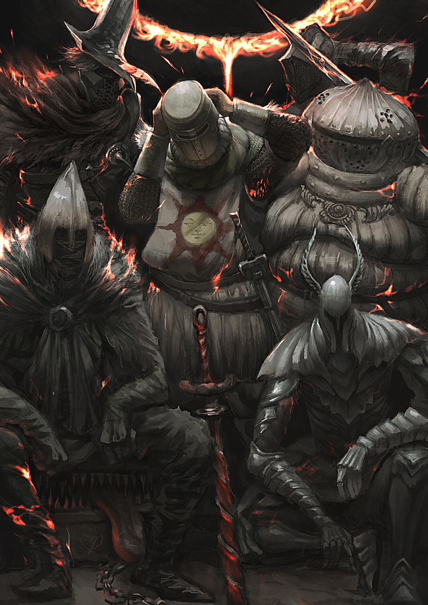 6+boys, abyss_watcher, arm_on_knee, arm_up, armor, black_armor, black_gloves, black_hair, black_pants, boots, breastplate, cape, capelet, chainmail, character_request, commentary, dark, dark_souls, dark_souls_iii, eclipse, elbow_gloves, embers, full_armor, full_body, fur_cape, gauntlets, gloves, greatsword, greaves, hand_on_head, helm, helmet, highres, holding, holding_sword, holding_weapon, horned_helmet, knight, mimic, mimic_chest, monster, moon, multiple_boys, open_mouth, over_shoulder, pants, pauldrons, planted_sword, planted_weapon, plate_armor, psp_kuangre_wanjia, red_capelet, removing_helmet, shaded_face, sheath, sheathed, short_hair, shoulder_armor, siegmeyer_of_catarina, silver_knight_(dark_souls), sir_vilhelm, sitting, solaire_of_astora, solar_eclipse, souls_(from_software), spaulders, standing, sun, sun_(symbol), surcoat, sword, teeth, tongue, tongue_out, vambraces, weapon