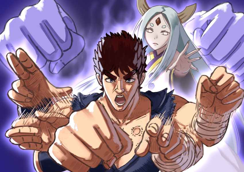 1boy, 1girl, absurdres, aura, clenched_hand, crossover, drawfag, facial_mark