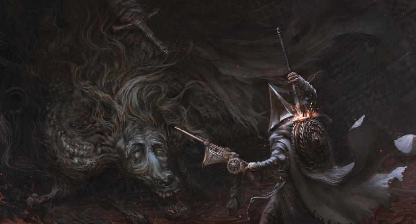 1boy, armor, battle, blank_eyes, blood, bloodborne, cape, circular_saw