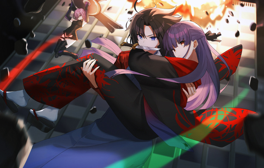 3girls, asagami_fujino, brown_hair, building, carrying, debris, explosion, falling