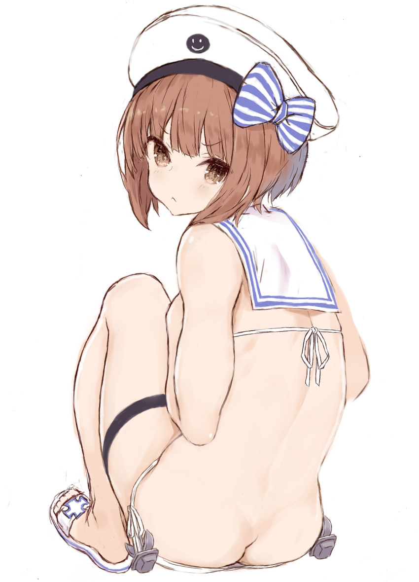 1girl, :<, ass, back, bare_back, bare_legs, barefoot, bikini