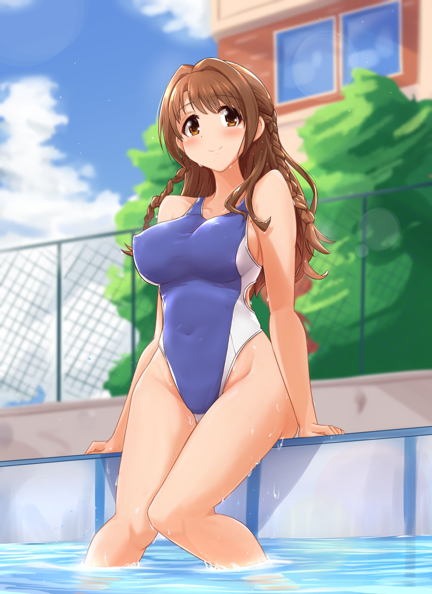 1girl, absurdres, arm_support, bangs, bare_arms, bare_legs, bare_shoulders, blue_swimsuit, blurry, blurry_background, blush, braid, breasts, brown_eyes, brown_hair, building, chain-link_fence, closed_mouth, collarbone, commentary_request, competition_swimsuit, covered_navel, covered_nipples, day, eyebrows_visible_through_hair, feet_out_of_frame, fence, from_below, groin, highleg, highleg_swimsuit, highres, idolmaster, idolmaster_cinderella_girls, knees_together_feet_apart, light_particles, long_hair, looking_at_viewer, medium_breasts, one-piece_swimsuit, outdoors, pool, poolside, shimamura_uzuki, shiny, shiny_hair, sideboob, sitting, smile, soaking_feet, solo, swimsuit, tree, twin_braids, two-tone_swimsuit, twogie, water, water_drop, wet, wet_hair, white_swimsuit
