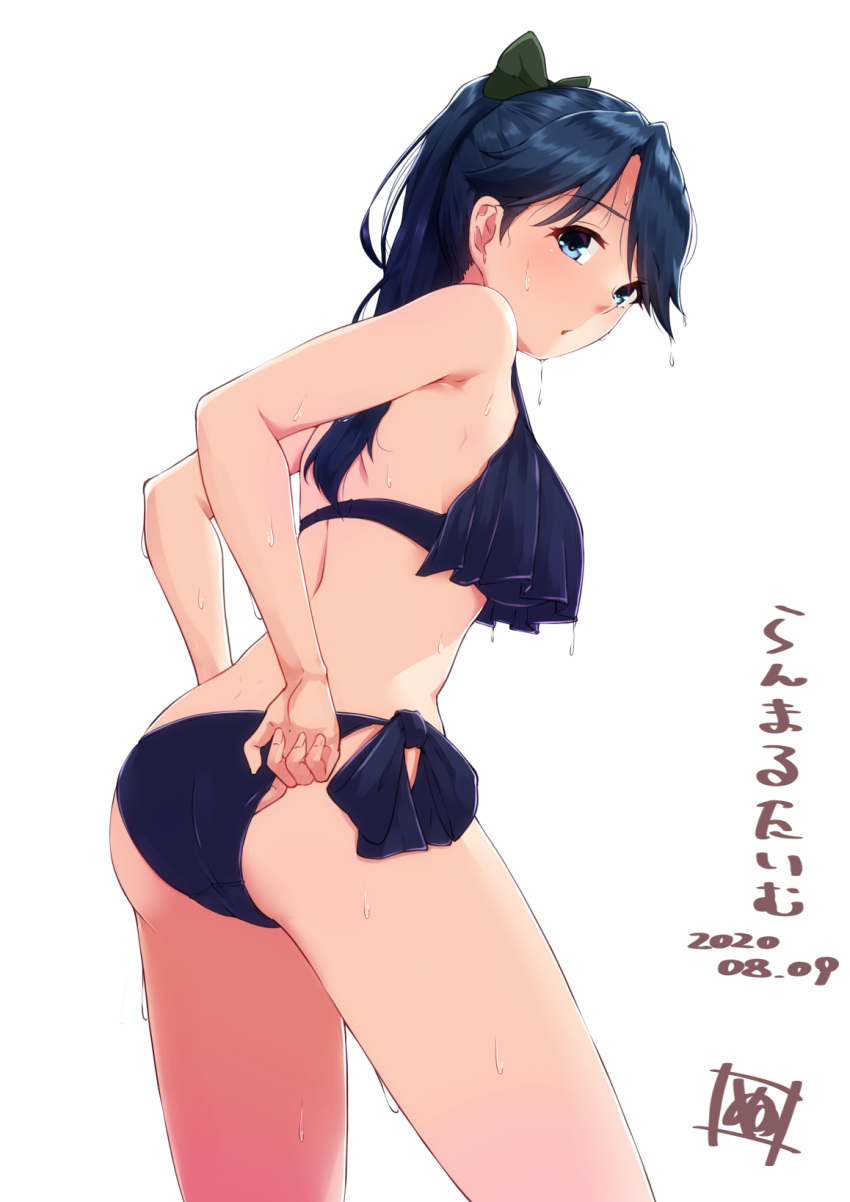 1girl, alternate_costume, ass, bare_arms, bare_shoulders, bikini, blue_eyes, blue_hair