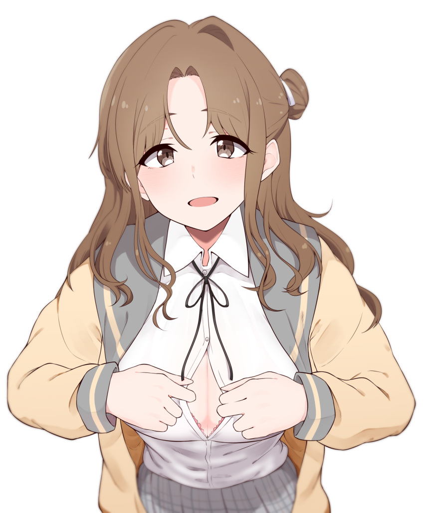 1girl, bangs, black_ribbon, blush, bra, breasts, brown_eyes, brown_hair