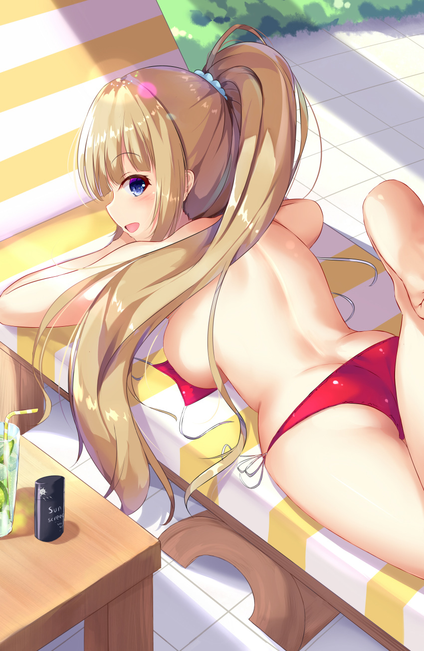 1girl, :d, absurdres, ass, back, bangs, beach_chair, bendy_straw