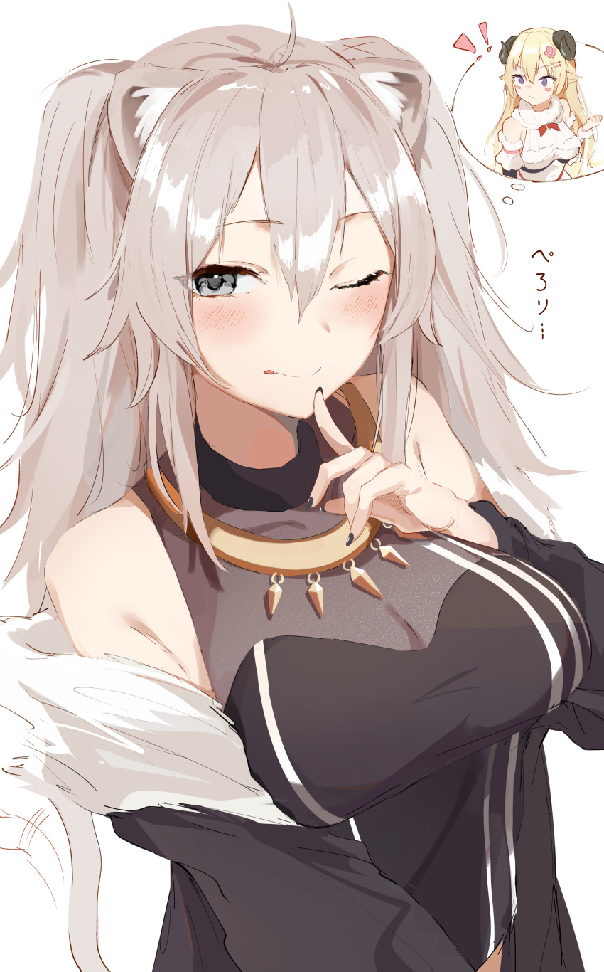 2girls, absurdres, ahoge, animal_ears, bare_shoulders, blonde_hair, blush, breasts
