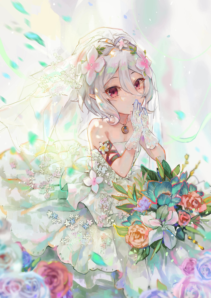 1girl, absurdres, bangs, bare_shoulders, bouquet, bridal_veil, bride, commentary