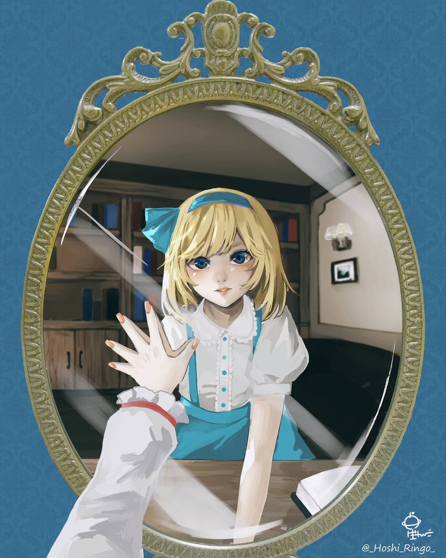 1girl, alice_margatroid, alice_margatroid_(pc-98), blonde_hair, blue_eyes, blue_hairband, book, bookshelf, bow, different_reflection, dress, hair_bow, hair_ornament, hairband, hand_on_mirror, highres, hoshiringo0902, lipstick, looking_at_mirror, makeup, mirror, nail_polish, reflection, short_hair, skirt, solo, suspenders, touhou, touhou_(pc-98), younger