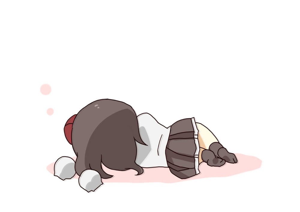 1girl, black_hair, black_legwear, black_skirt, chibi, colored_shadow, commentary_request, facing_away