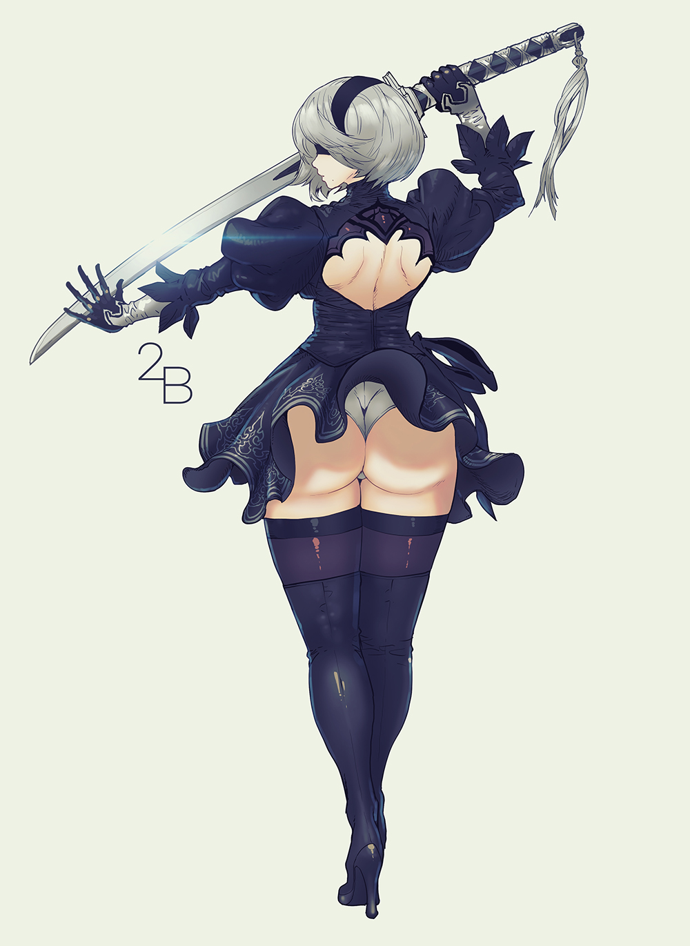 1girl, ass, back, black_dress, black_gloves, black_legwear, blindfold, butcherboy