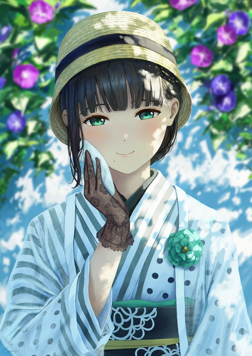 1girl, alternate_hairstyle, bangs, black_gloves, black_hair, blunt_bangs, blurry, blurry_background, brown_headwear, closed_mouth, dappled_sunlight, day, floral_background, floral_print, flower, gloves, green_eyes, green_flower, hand_up, handkerchief, hat, highres, japanese_clothes, kimono, kurosawa_dia, lace, lace_gloves, light_blush, long_sleeves, looking_at_viewer, love_live!, love_live!_sunshine!!, mole, mole_under_mouth, obi, outdoors, papi_(papiron100), polka_dot, polka_dot_kimono, print_gloves, purple_flower, sash, see-through, shade, short_hair, single_sidelock, smile, solo, striped, striped_kimono, sunlight, upper_body, vertical-striped_kimono, vertical_stripes, white_kimono, wiping_face