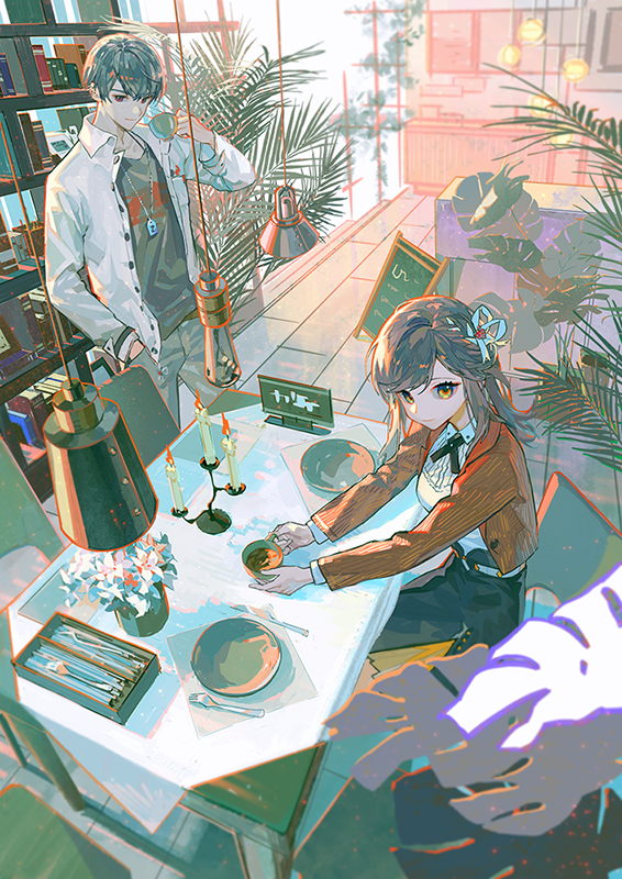 1boy, 1girl, black_neckwear, book, bookshelf, brown_hair, cafe, candle
