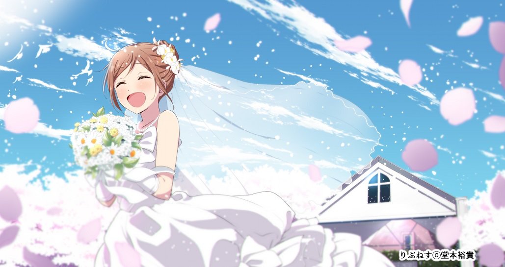1girl, bird, blue_sky, bouquet, bridal_veil, bride, brown_hair, doumoto_yuuki