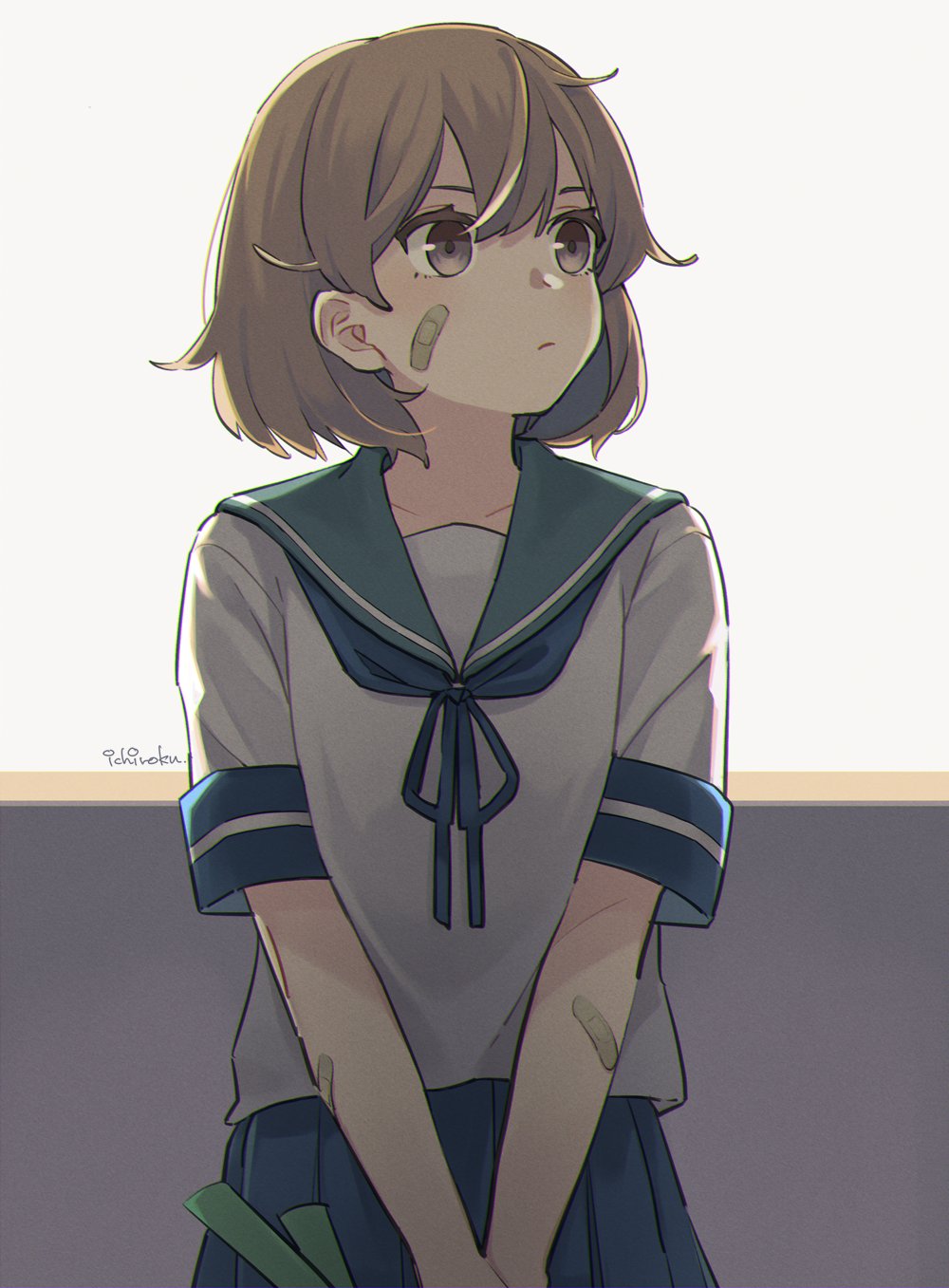 1girl, bandaid, bandaid_on_face, blue_neckwear, blue_sailor_collar, blue_skirt, brown_eyes, brown_hair