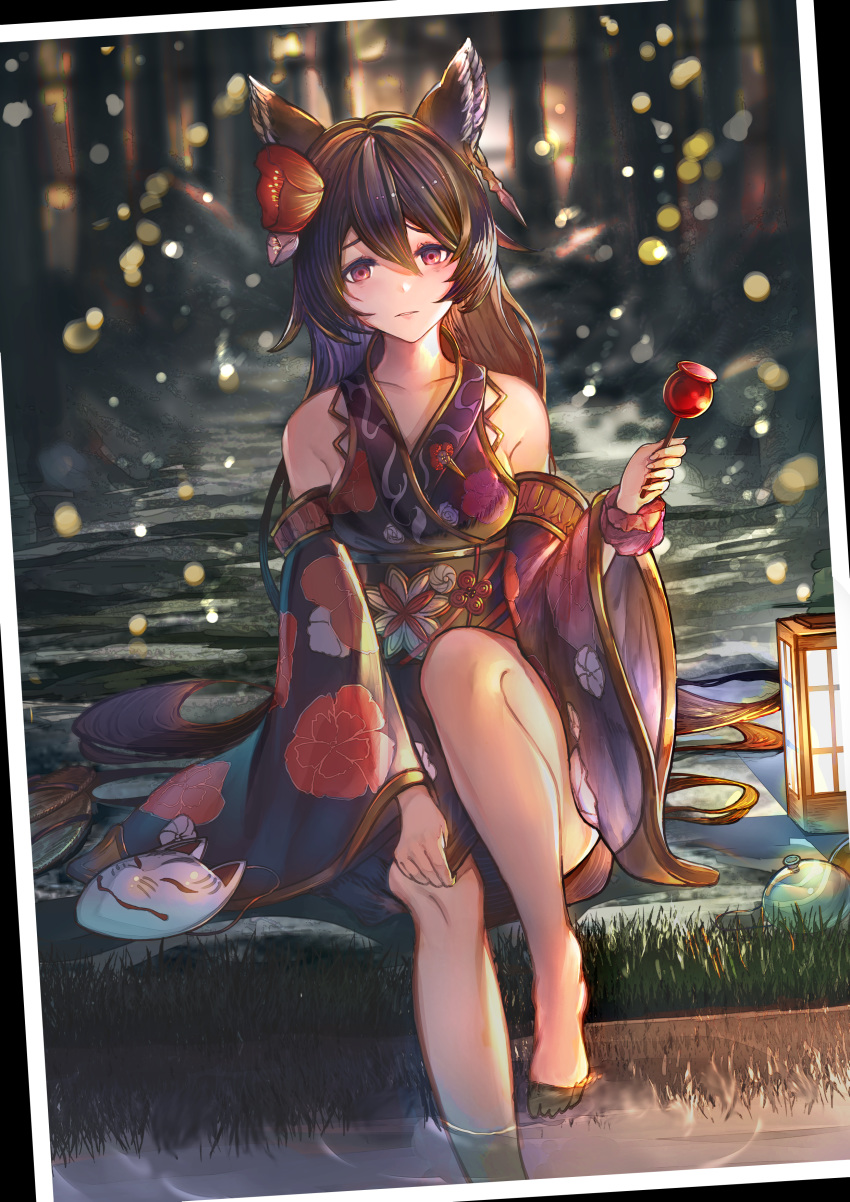 1girl, absurdres, animal_ears, bare_legs, bare_shoulders, barefoot, black_hair, candy_apple