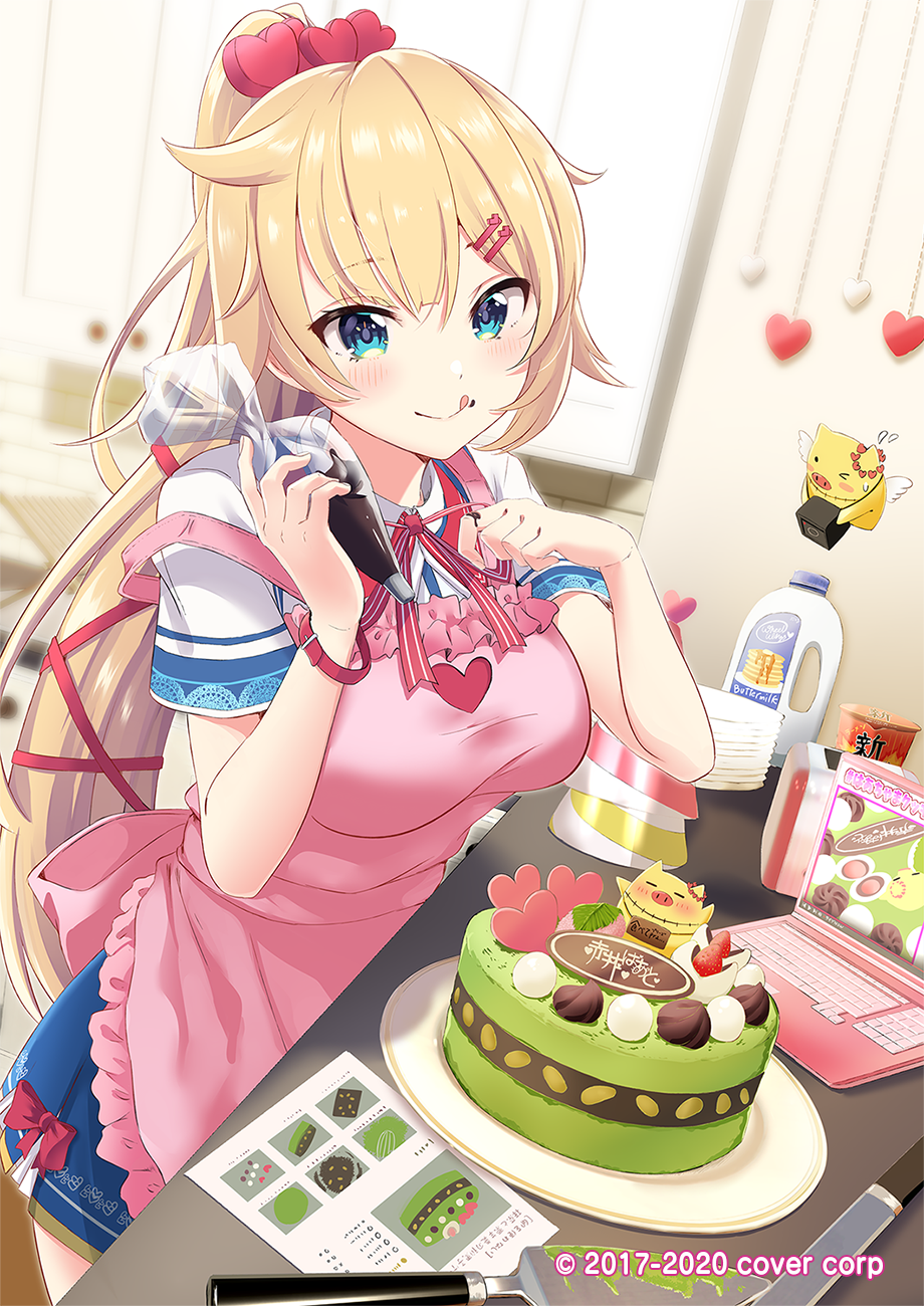 1girl, akai_haato, apron, baking, blonde_hair, blue_eyes, blue_skirt, blush
