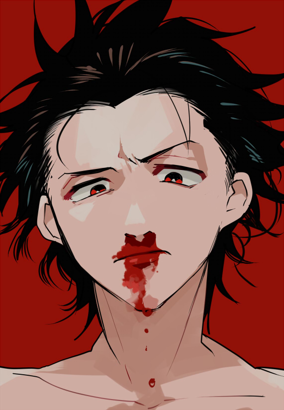 1boy, black_hair, blood, bloody_nose, collarbone, dripping, face, hair_slicked_back, kyouichi, male_focus, original, red_background, red_eyes, simple_background, solo, upper_body