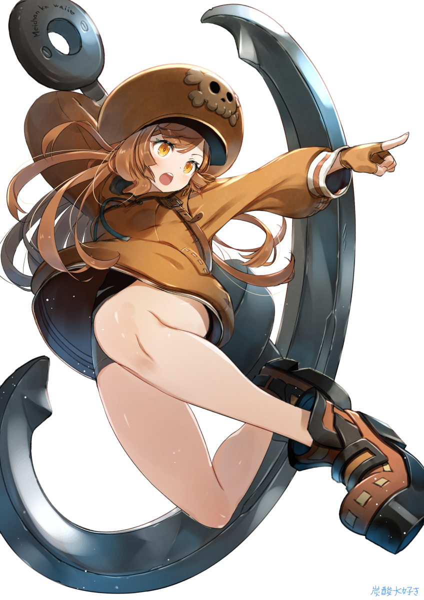 1girl, anchor, artist_name, bike_shorts, black_gloves, black_shorts, boots, brown_eyes