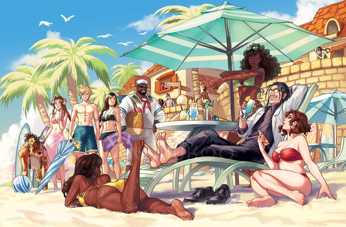 abs, aerith_gainsborough, annoyed, ass, barret_wallace, beach, beach_chair, bikini, blue_sky, cloud_strife, cocktail_glass, cup, dark_skin, dark_skinned_male, drinking_glass, final_fantasy, final_fantasy_vii, hat, johnny_(ff7), male_swimwear, multiple_boys, multiple_girls, nijuuni, professor_houjou, red_xiii, sailor_collar, sailor_hat, sarong, sky, smile, sunglasses, swim_trunks, swimsuit, swimwear, tifa_lockhart, yuffie_kisaragi
