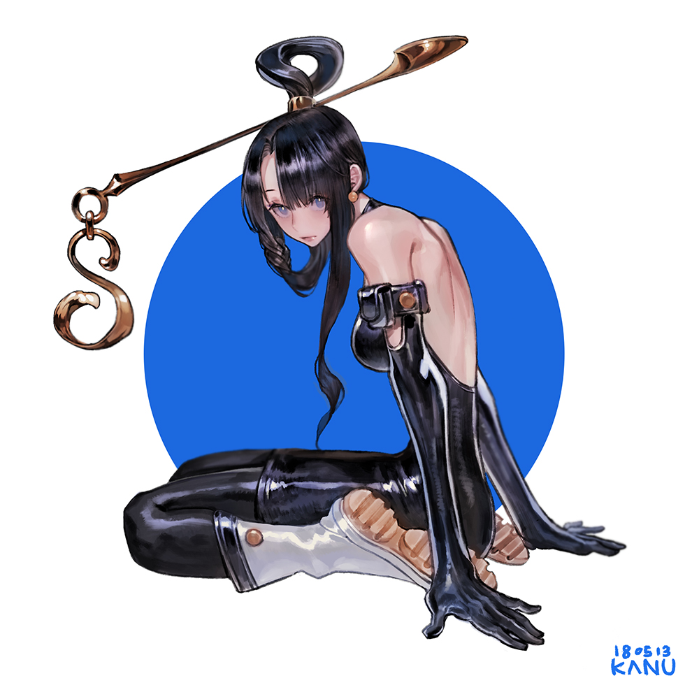 1girl, bare_shoulders, black_dress, black_gloves, black_hair, black_legwear, blob, blue_eyes