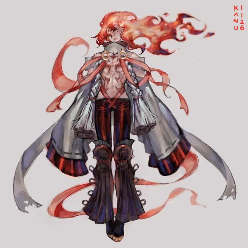 1boy, bare_chest, closed_fan, closed_mouth, fan, fiery_hair, fire, floating