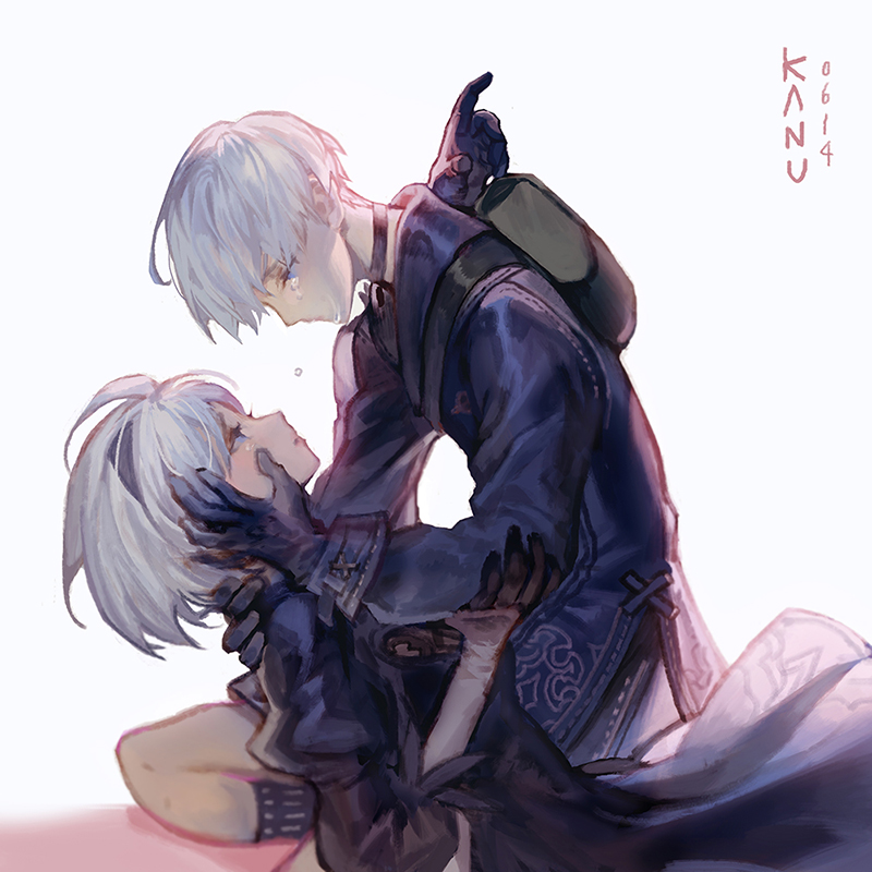 1boy, 1girl, artist_name, backpack, bag, black_choker, black_gloves, black_hairband